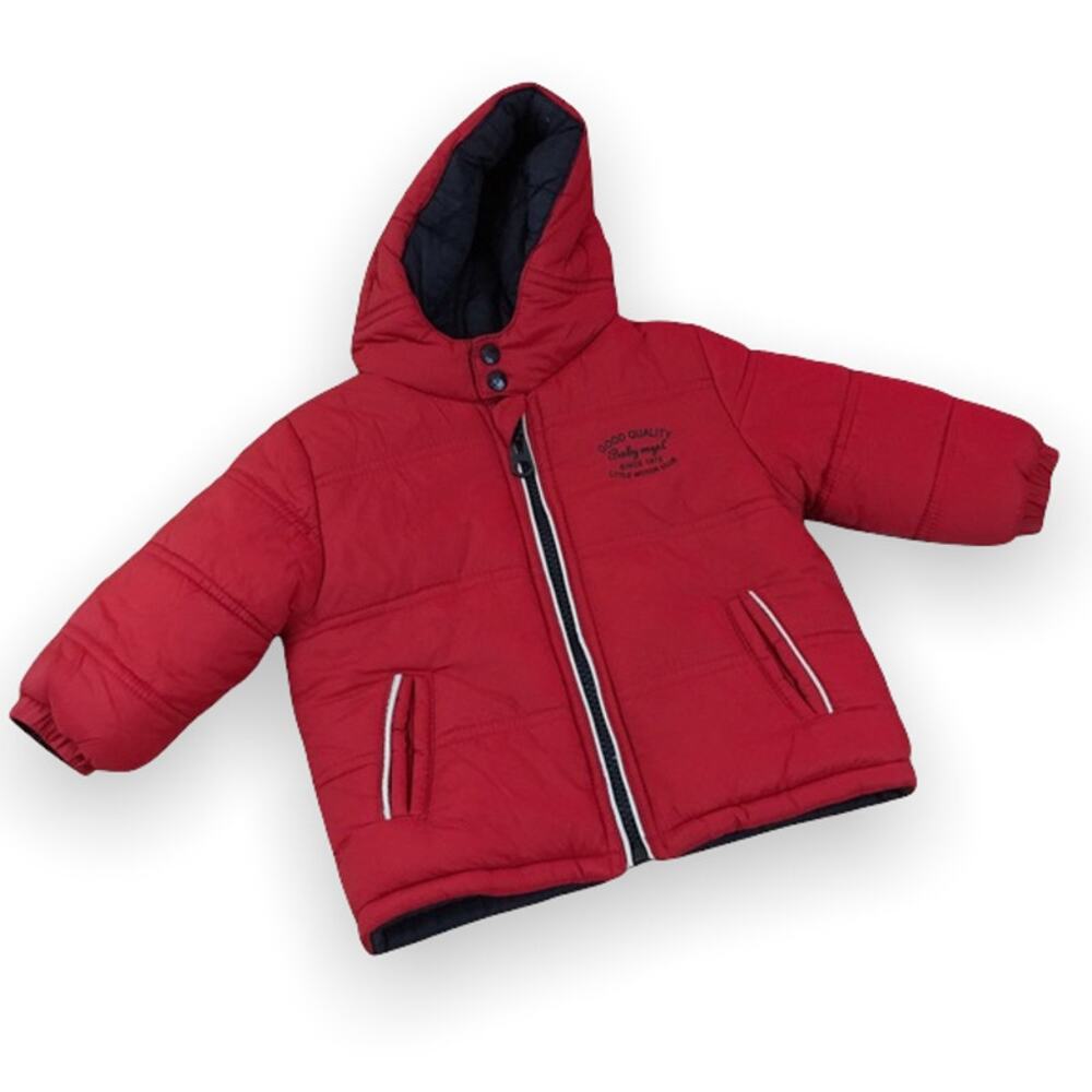Mayoral Boys Coat Size‎ 6 Mo Red Navy Plaid Reversible Hooded Quilted Winter NEW